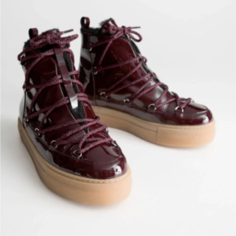 & Other Stories Burgundy Patent Lace-Up Platform Boots